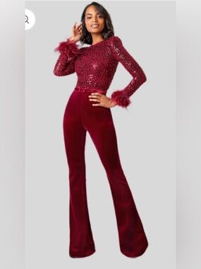 NWT Nadine Merabi Monique Red Velvet 
Jumpsuit. Size XL